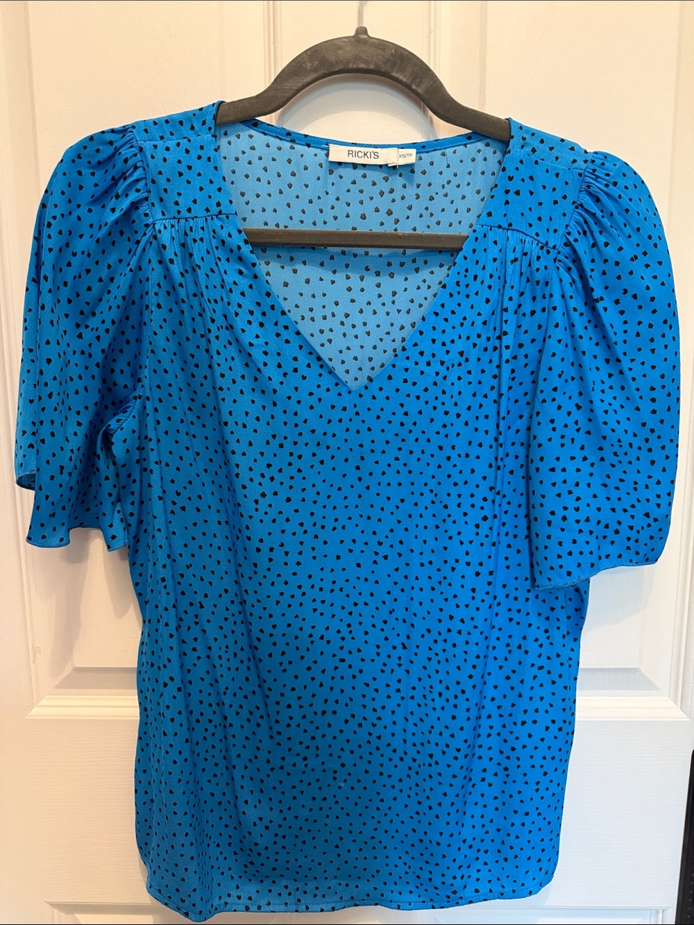 Bright Blue V-Neck Puff Sleeve Blouse with Black Abstract Dot Print